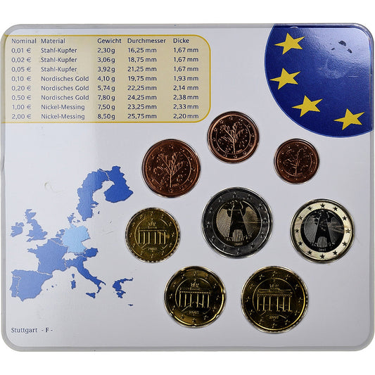 Deutschland, 
  
  Setze 1 ct. - 2 Euro, 
  
  Münzkarte. FDC
